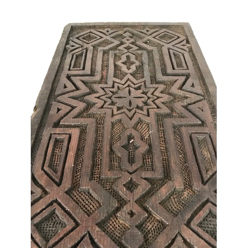 504 - EMBOSSED COPPER TRAY TOGETHER WITH CARVED WOODEN PANEL