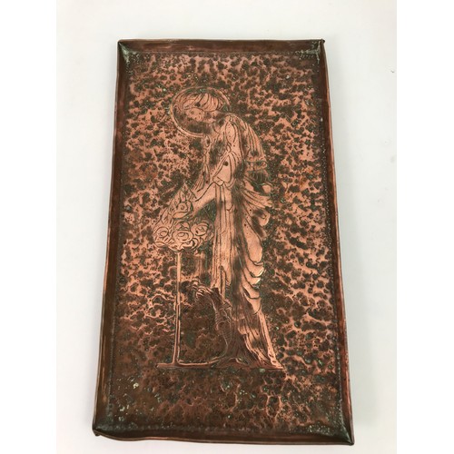 504 - EMBOSSED COPPER TRAY TOGETHER WITH CARVED WOODEN PANEL