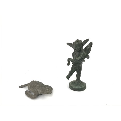 508 - METAL POSSIBLY BRONZE FIGURE OF A CHERUB TOGETHER WITH A TURTLE HAVING INSCRIPTION TO BASE RELATING ... 