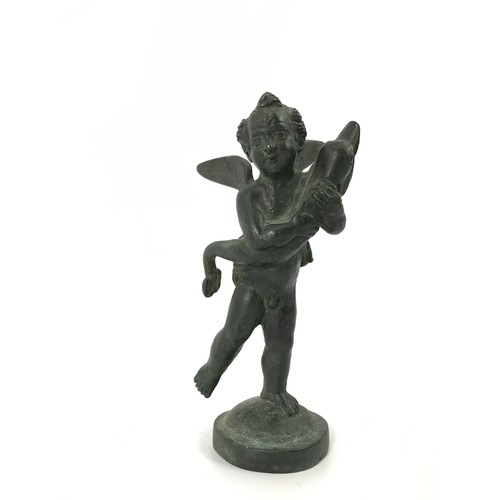 508 - METAL POSSIBLY BRONZE FIGURE OF A CHERUB TOGETHER WITH A TURTLE HAVING INSCRIPTION TO BASE RELATING ... 