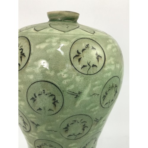 265 - GREEN GLAZED VASE 32cm ALL WITH HARD WOOD STAND 37cm TALL