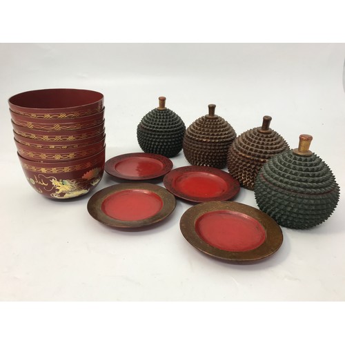 593 - 6 ORIENTAL RICE BOWLS, 4 DISHES, AND 4 TREEN POTS WITH LIDS