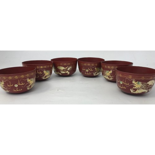 593 - 6 ORIENTAL RICE BOWLS, 4 DISHES, AND 4 TREEN POTS WITH LIDS