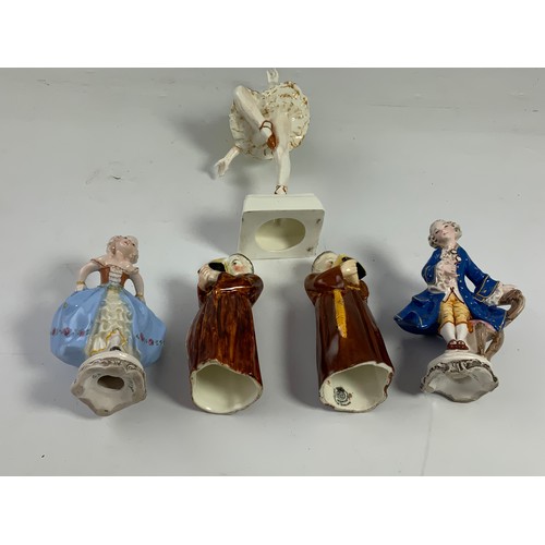 117 - ROYAL WORCESTER MONK SNUFFER WITH TWO PAINTED BLANKS & TWO CONTINENTAL FIGURES