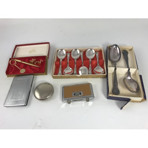 598 - SNUFF BOX, CIGARETTE CASE, JAPANESE OPERA GLASSES, BOXED PLATED SPOONS ETC.