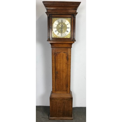 329 - OAK 30 HOUR LONG CASE CLOCK SIGNED LOUGH, PENRITH BRASS FACE WITH SILVERED CHAPTER RING AND BRASS SP... 