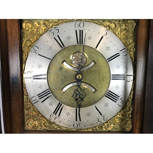 329 - OAK 30 HOUR LONG CASE CLOCK SIGNED LOUGH, PENRITH BRASS FACE WITH SILVERED CHAPTER RING AND BRASS SP... 