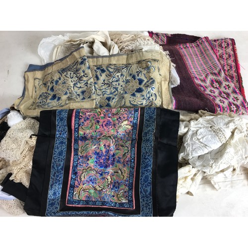 439 - INDIAN EMBROIDERED SHAWL, SKIRT AND OTHER MISC. EMBROIDERY, LINEN AND LACE INC. ORIENTAL