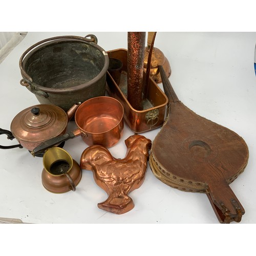 505 - MISC. COPPER WARE INC. 36 CM JUG, JAM PAN, KETTLE, DOLLY, PLANTER  LARGE PAIR OF BELLOWS ETC