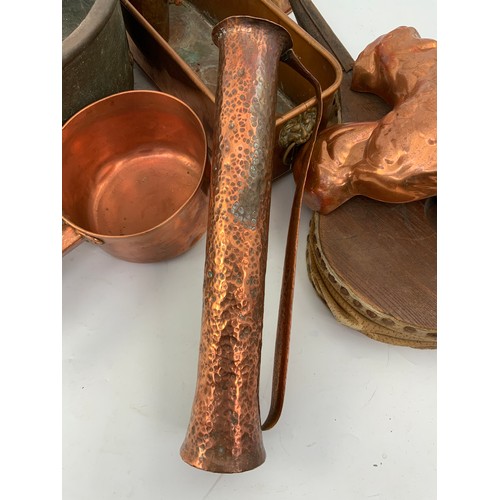 505 - MISC. COPPER WARE INC. 36 CM JUG, JAM PAN, KETTLE, DOLLY, PLANTER  LARGE PAIR OF BELLOWS ETC