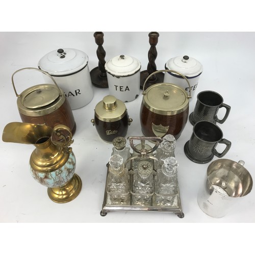 596 - QUANTITY MISC. INC. SILVER PLATED CRUET, OAK ICE BUCKETS, ENAMELLED KITCHEN CONTAINERS, TANKARDS, ET... 