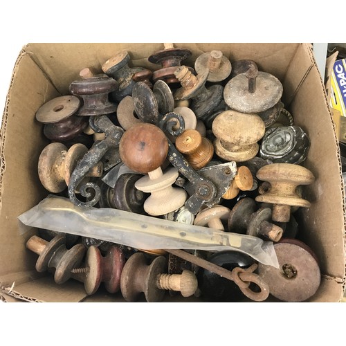 483 - BOXES OF BRASS AND WOODEN KNOBS AND LOCKS ETC.