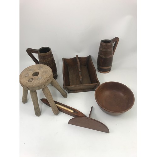 545 - TREEN INC. PAIR OF JUGS, BOWL, THE CUTLERY TRAY, MILKING STOOL AND SHUTTLE