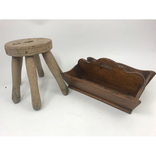 545 - TREEN INC. PAIR OF JUGS, BOWL, THE CUTLERY TRAY, MILKING STOOL AND SHUTTLE