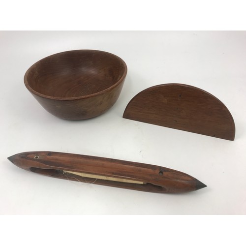 545 - TREEN INC. PAIR OF JUGS, BOWL, THE CUTLERY TRAY, MILKING STOOL AND SHUTTLE