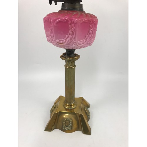 305 - VICTORIAN OIL LAMP WITH ETCHED SHADE AND PINK GLASS RESERVOIR