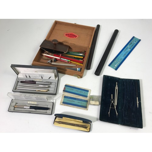 375 - PARKER AND OTHER FOUNTAIN PENS, YARD O LED PENCIL ETC.