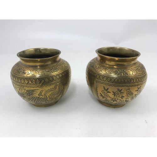 586 - 2 ORIENTAL BRASS VASES WITH  4 CHARACTER STAMPS