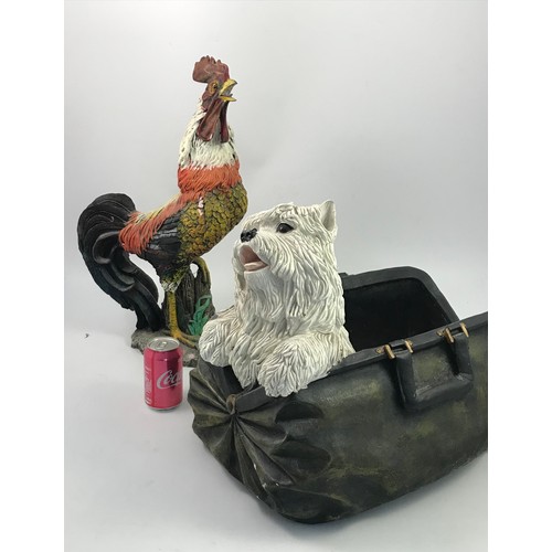 140 - LARGE RESIN FIGURE OF A SCOTTIE DOG IN A GLADSTONE BAG TOGETHER WITH A COCKEREL FIGURE