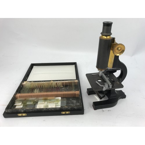 566 - RUSSIAN MADE MICROSCOPE, MARKED MADE IN CCCP CT-12 & CASED SET OF SLIDES.