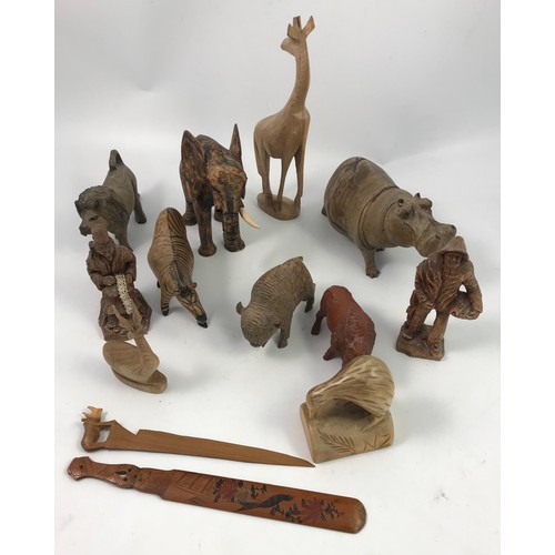 539 - CARVED WOODEN ANIMAL FIGURES ELEPHANT, HIPPO, ZEBRA, GIRAFFE PLUS OTHERS