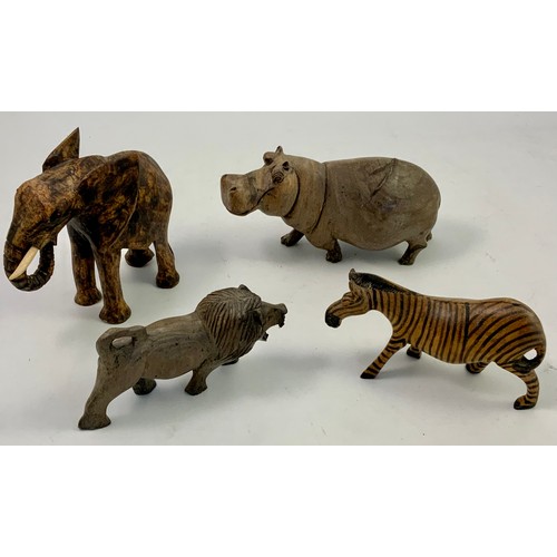 539 - CARVED WOODEN ANIMAL FIGURES ELEPHANT, HIPPO, ZEBRA, GIRAFFE PLUS OTHERS