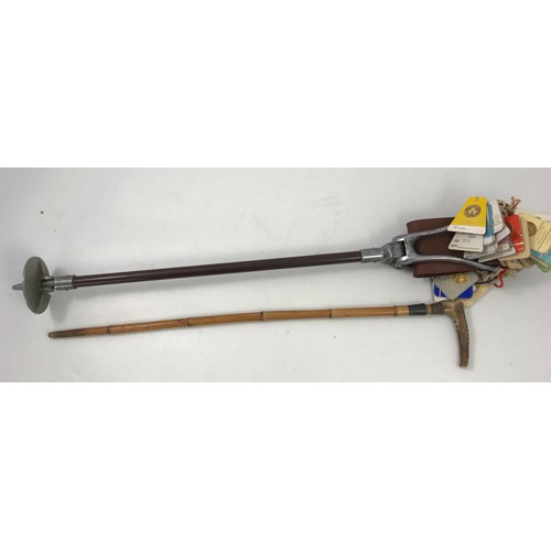 358 - SHOOTING STICK WITH THREE COUNTIES SHOW MEMBERS PASSES AND OTHER STICK, RIDING CROP WITH SILVER COLL... 