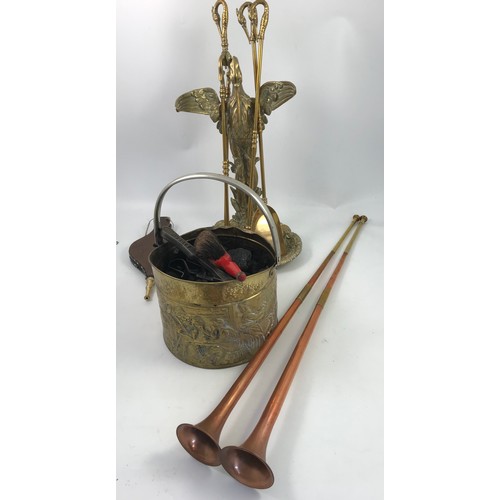 492 - MISC BRASS WARE INC COACH HORNS, STICK STAND, FIRE IRONS ETC.