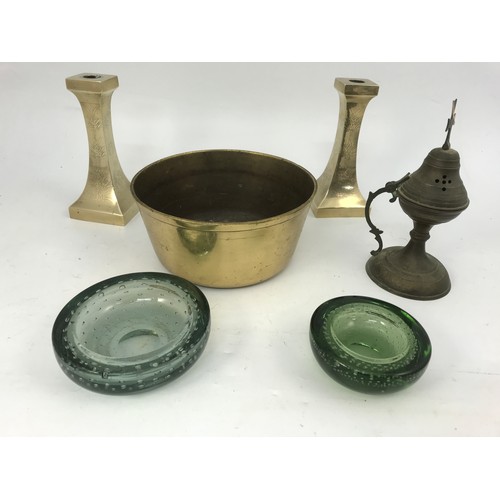 493 - PAIR OF BRASS CANDLESTICKS, BRASS BOWL, UNUSUAL EVANGELICAL BURNER, 2 GLASS ASHTRAYS.