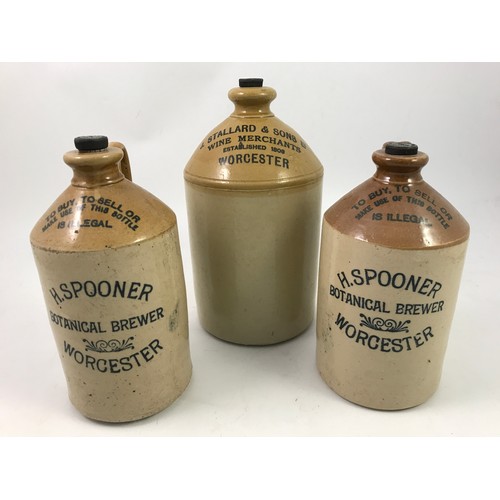 459 - 3 WORCESTER RELATED STONE WARE JARS, J.STALLARD AND SONS WINE MERCHANT AND H.SPOONER BOTANICAL BREWE... 