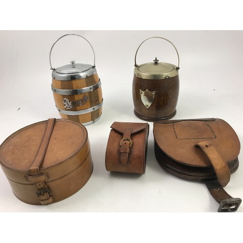 537 - 2 WOODEN BISCUIT BARRELS AND VARIOUS LEATHER ITEMS COLLAR BOX POUCH ETC.