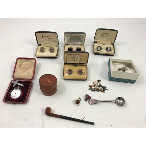 394 - MISC. ITEMS INC. POCKET WATCH IN FITTED CASE, MINIATURE PIPE, VARIOUS GENTS CUFFLINKS, AND STUD BOX ... 