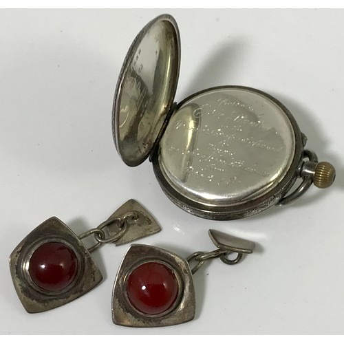 394 - MISC. ITEMS INC. POCKET WATCH IN FITTED CASE, MINIATURE PIPE, VARIOUS GENTS CUFFLINKS, AND STUD BOX ... 