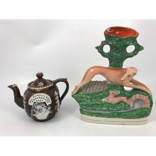 158 - BROADHEATH BARGE WARE TEA POT AND A STAFFORDSHIRE GREYHOUND FLAT BACK  VASE , BOTH AF