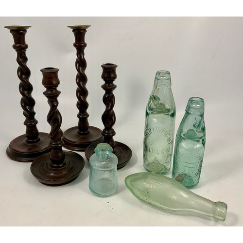 461 - VARIOUS OLD POP BOTTLES ETC. TOGETHER WITH 2 PAIRS OF OAK BARLEY TWIST CANDLESTICKS