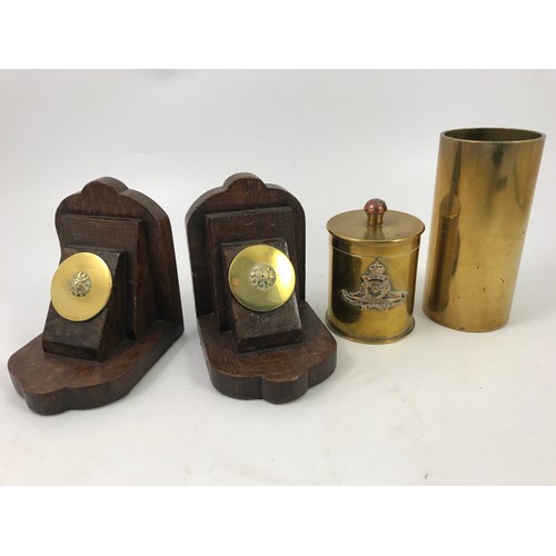 495 - TRENCH ART ARRAS ROYAL ARTILLERY PAPERWEIGHT, SHELL CASE  SPILL VASE TOGETHER WITH 2 OAK BOOK ENDS H... 