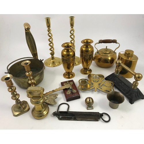 494 - MISC. BRASS WARE INC. CANDLESTICKS, JAM PAN, VASES, TEA POT, KETTLE, BALANCE, SPRING SCALES, SWAY TR... 