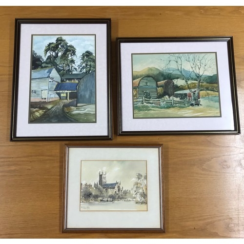 23 - J AUSTIN PAIR OF WATER COLOURS DEPICTING LOCAL RURAL SCENES TOGETHER WITH A PAIR OF WATER COLOURS ST... 