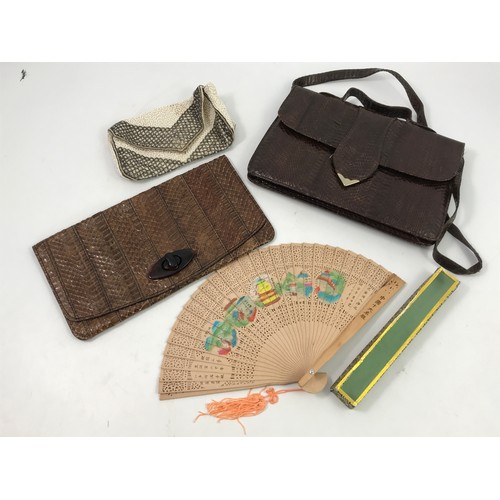 448 - VINTAGE HANDBAGS INCLUDING 'CROCODILE' EVENING BAG AND AN ORIENTAL FAN