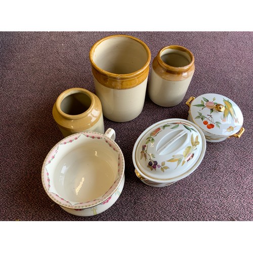 458 - 3 STONEWARE JARS, 2 ROYAL WORCESTER TUREENS AND A CHAMBER POT