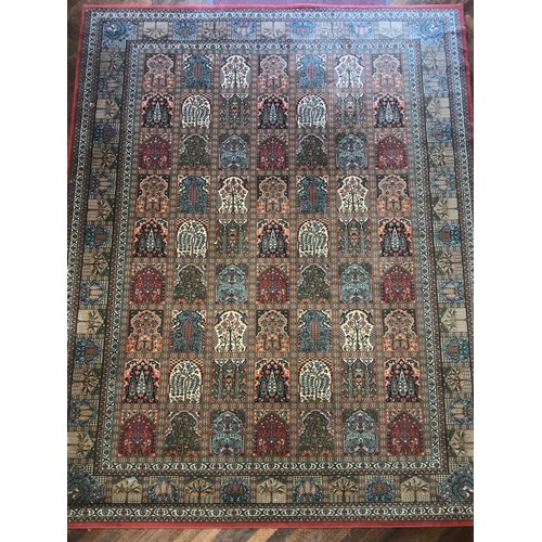 410 - LARGE PATTERNED AND PANELLED MOSSOL GROUND RUG, APPROX 357 x 254 cm