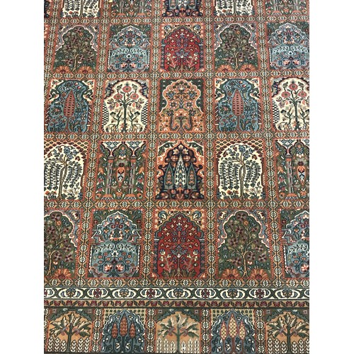 410 - LARGE PATTERNED AND PANELLED MOSSOL GROUND RUG, APPROX 357 x 254 cm