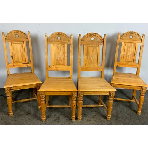 419 - SET OF 4 PINE CHAIRS, CHAPEL TYPE, WITH CARVED DECORATION