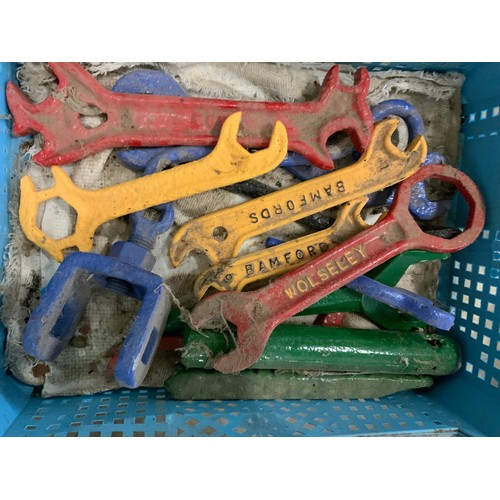 46 - 2 HEAVY DUTY BLUE COLOURED TINES, WOLSELEY & BAMFORDS SPANNERS.