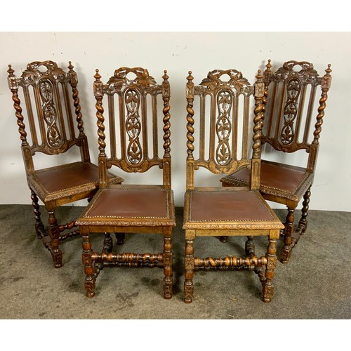 420 - SET OF 4 GOOD QUALITY OAK DINING CHAIRS WITH BARLEY TWIST STRETCHERS AND SUPPORTS TO THE CARVED BACK... 