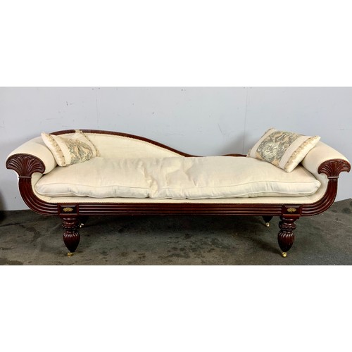 427 - CREAM UPHOLSTERED LATE REGENCY, POSSIBLY IRISH, CHAISE/ SOFA ON FLUTED LEGS WITH BRASS CASTERS, appr... 