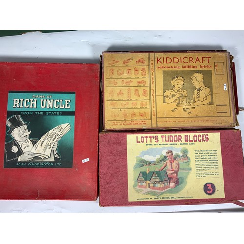 48 - 3 VINTAGE BOARD GAMES, GAME OF RICH UNCLE FROM THE STATES, LOTTS TUDOR BLOCKS, KIDDYCRAFT