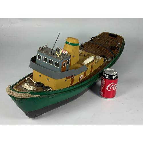 2 - WOODEN MODEL OF A CLASSIC HARBOUR TUG, APPROX. 77 CM LONG, WITH RADIO CONTROL & MOTOR IN THE HULL.