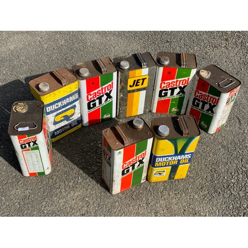 32 - 8 OIL CANS - DUCKHAMS, CASTROL GTX, & JET