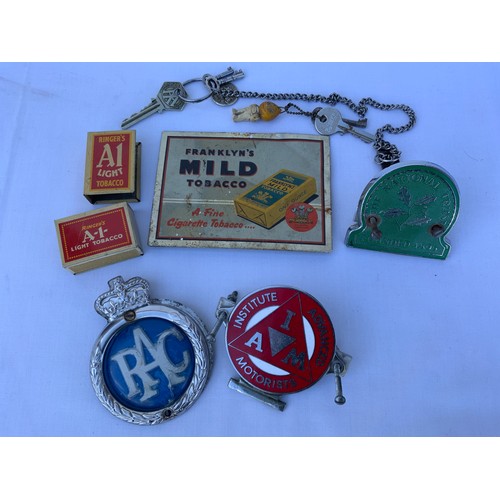 29 - CAR BADGES INC. RAC, IAM, NT, PLUS SMALL TIN ADVERTISING SIGN ‘FRANKLYN’S MILD TOBACCO’, MATCHBOX HO... 